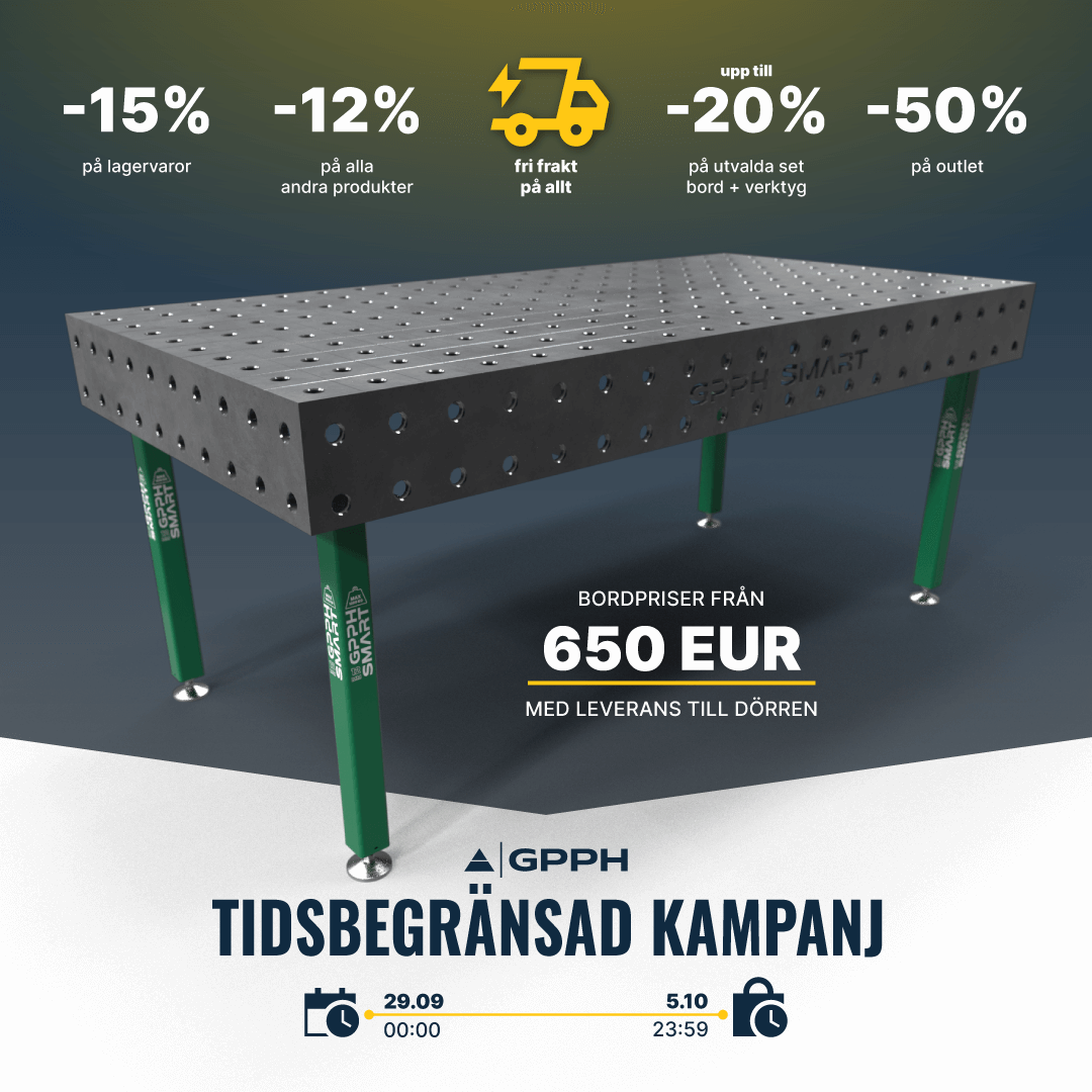 Tidsbegränsad kampanj! -15% på lagerprodukter, -12% på alla andra produkter, fri frakt på allt, upp till -20% på utvalda bord + verktygspaket, -50% på outlet.