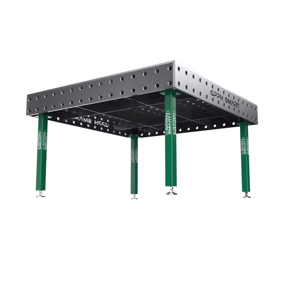 Zvárací stôl SMART Mriežka - 100x100mm, Systém - Φ28, Rozmer - 1500x1480mm, Nohy - Na podstavcoch, Doska - 15mm