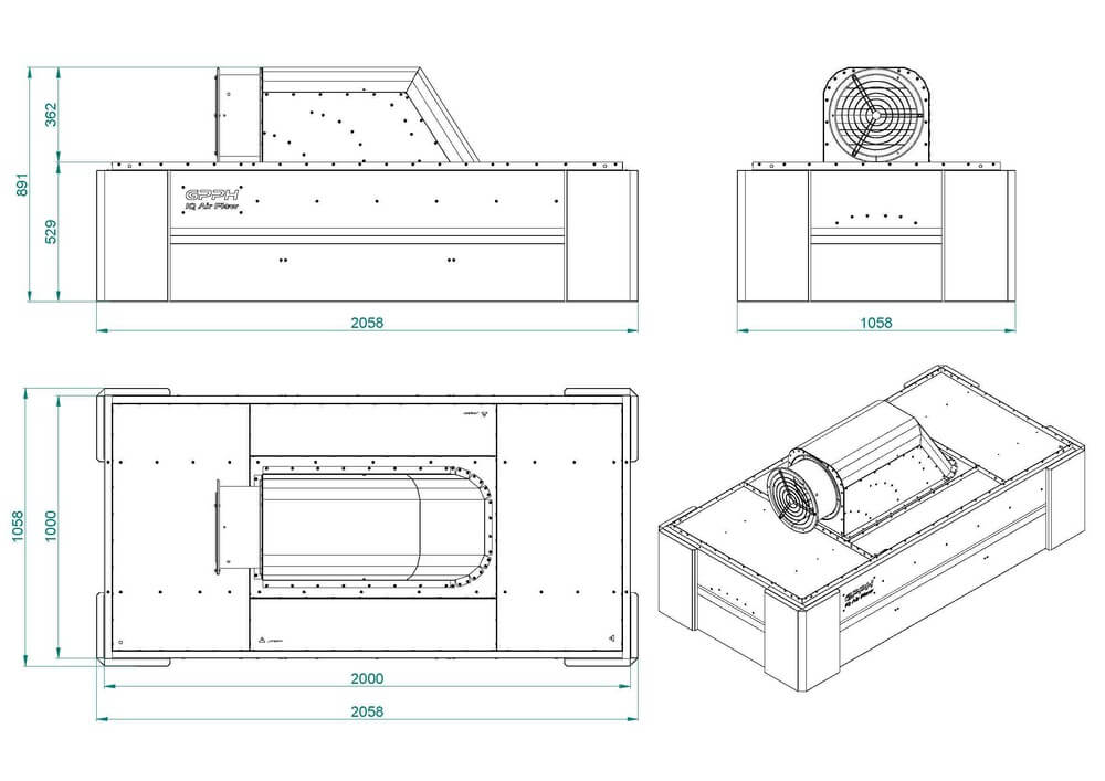 IQ Air Flow Schweißhaube mit Ventilator 2000x1000 mm technische Zeichnung
