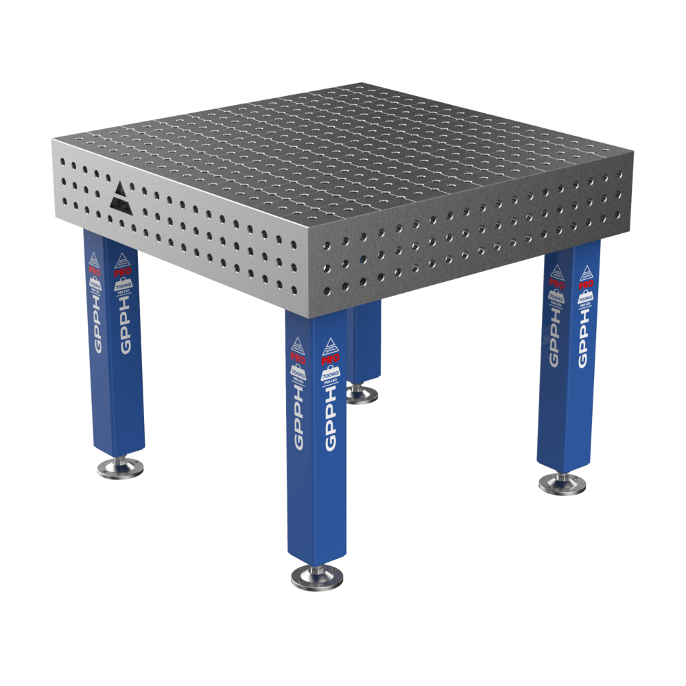 Mesa de soldadura PRO Tamaño: 1000 x 1000 mm, rejilla: 50 x 50 mm, sistema: Φ16, patas: sobre pies.