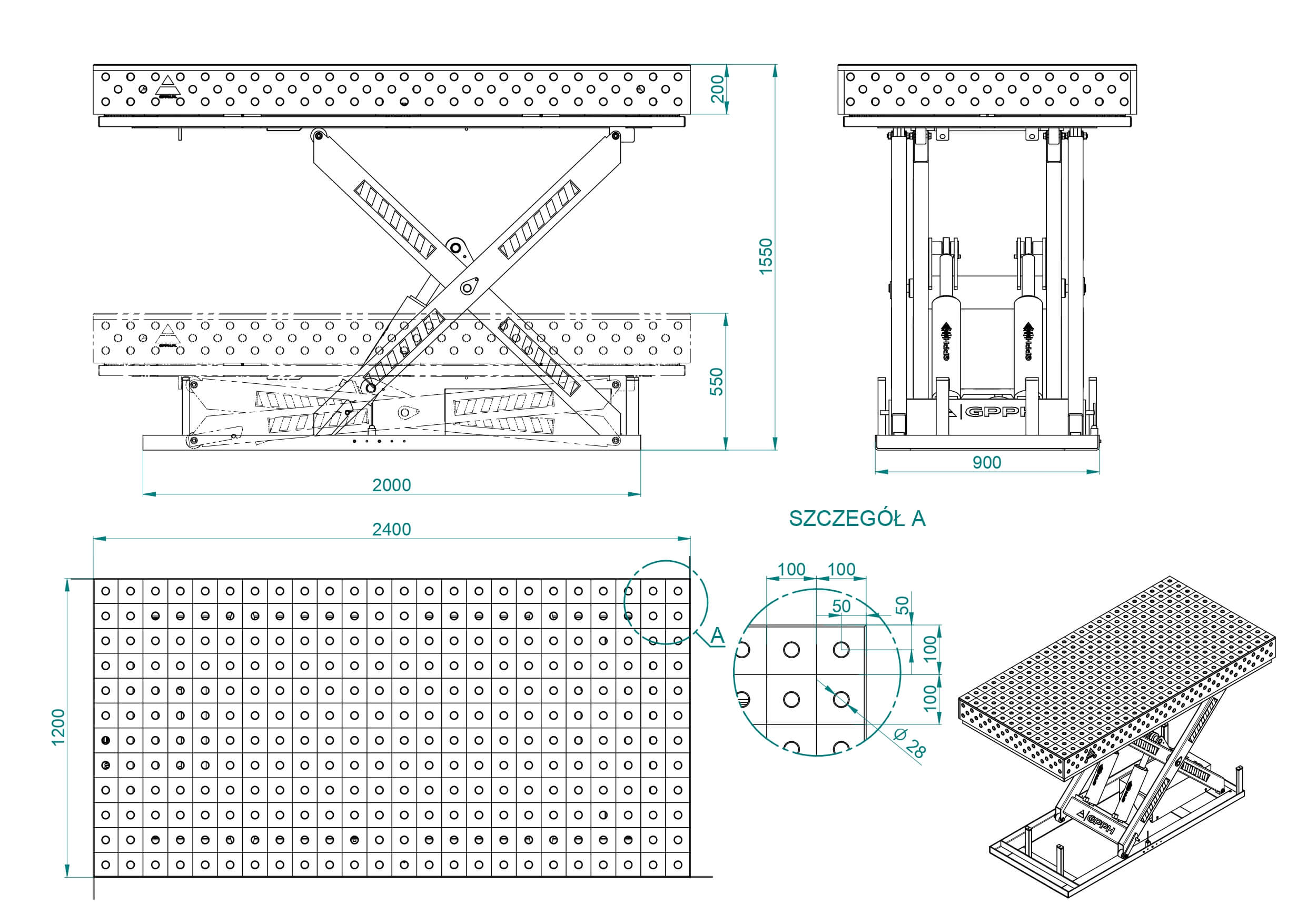 Mesa de soldadura EXPERT 2400x1200 mm con sistema de elevación hidráulico, sistema 28, rejilla 100x100 mm, dibujo técnico