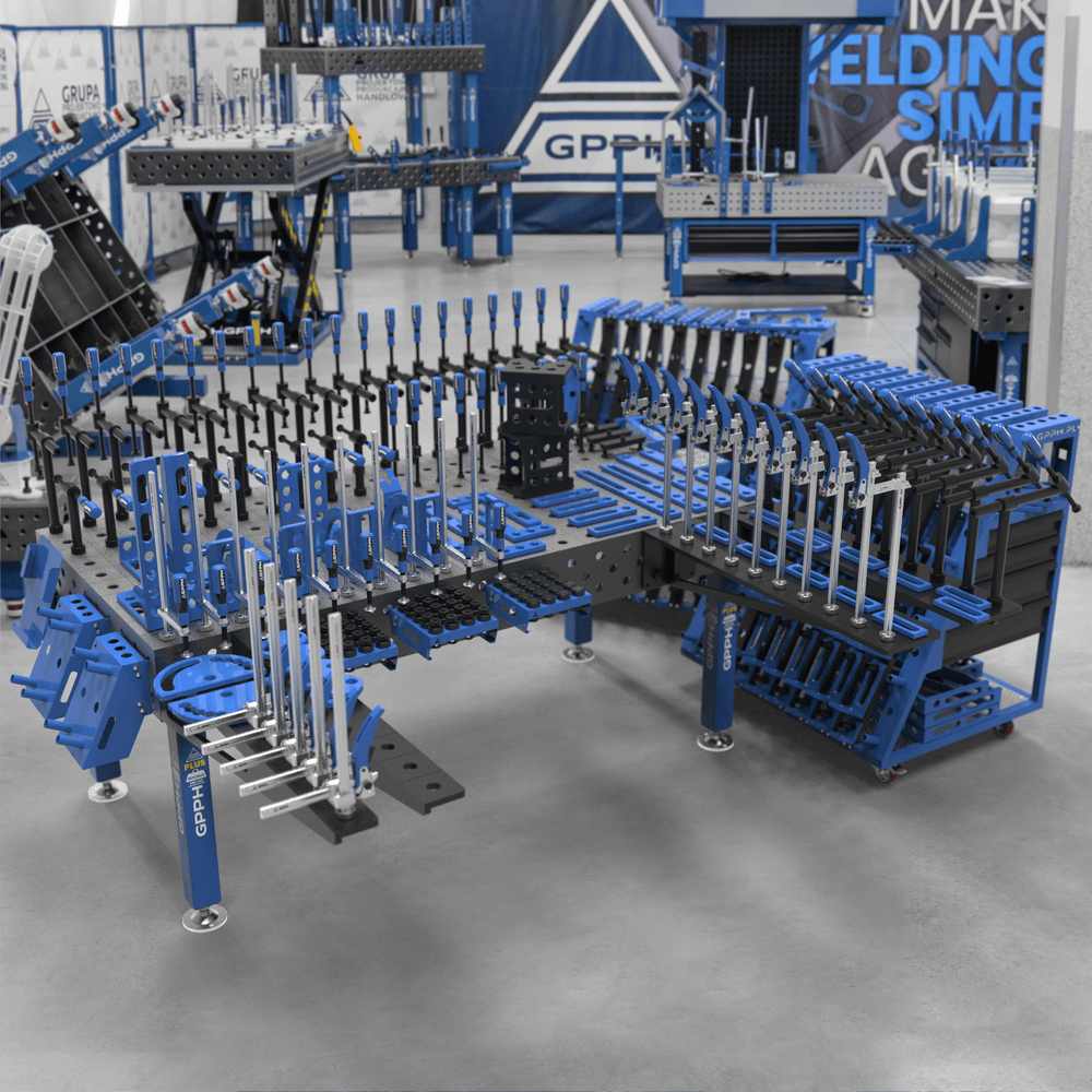 GPPH PLUS welding table φ28 grid 100x100mm 2000x1000 mm on feet with 3XL tool set + 2x L tool trolley with drawers