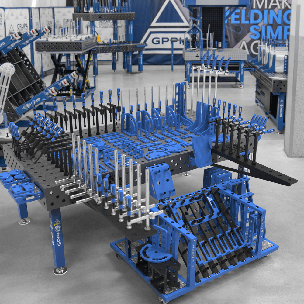 GPPH PLUS welding table φ28 grid 100x100mm 2400x1200 mm on feet with 2XL tool set and M tool trolley