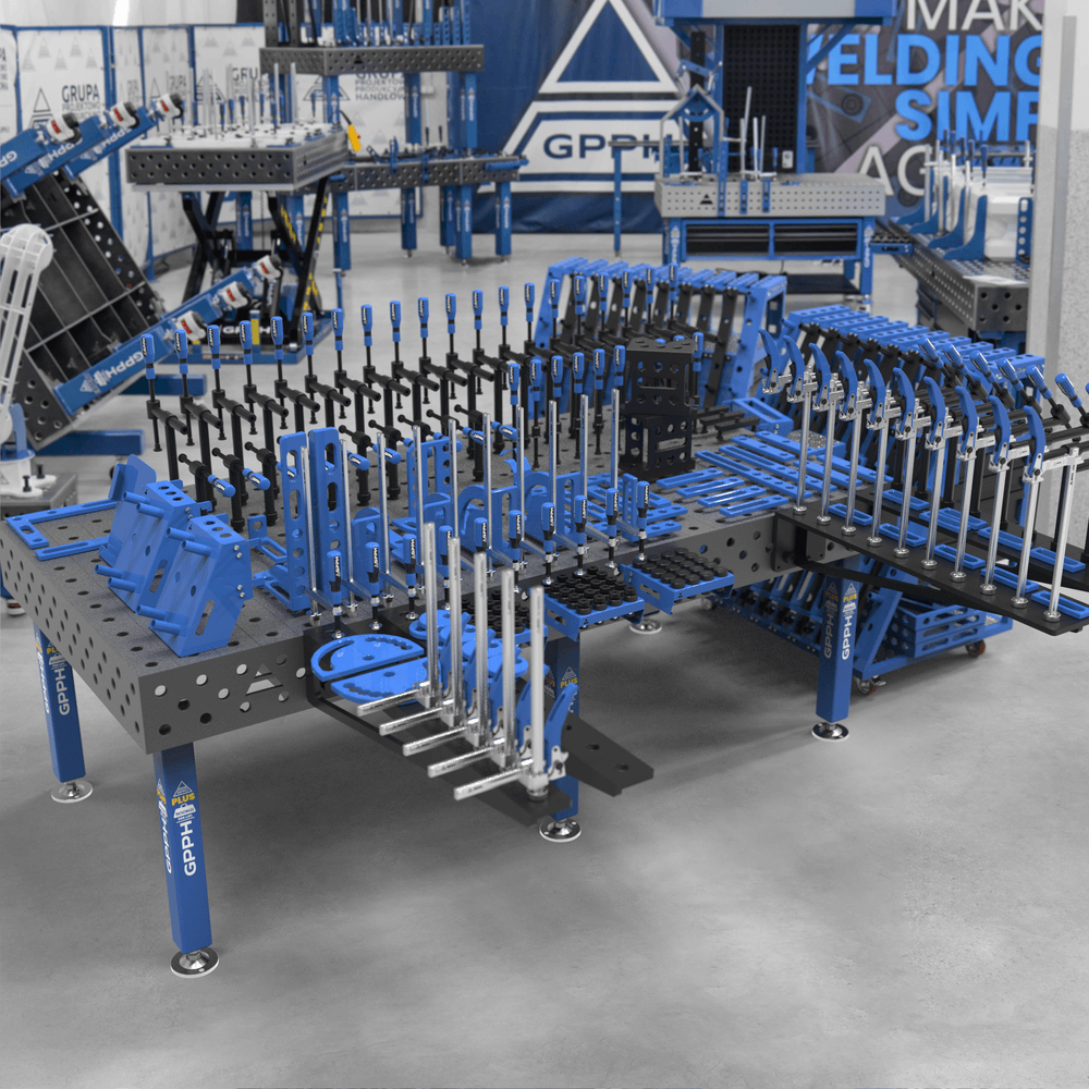GPPH PLUS welding table φ28 grid 100x100mm 2400x1200 mm on feet with 3XL tool set + 2x L tool trolley with drawers