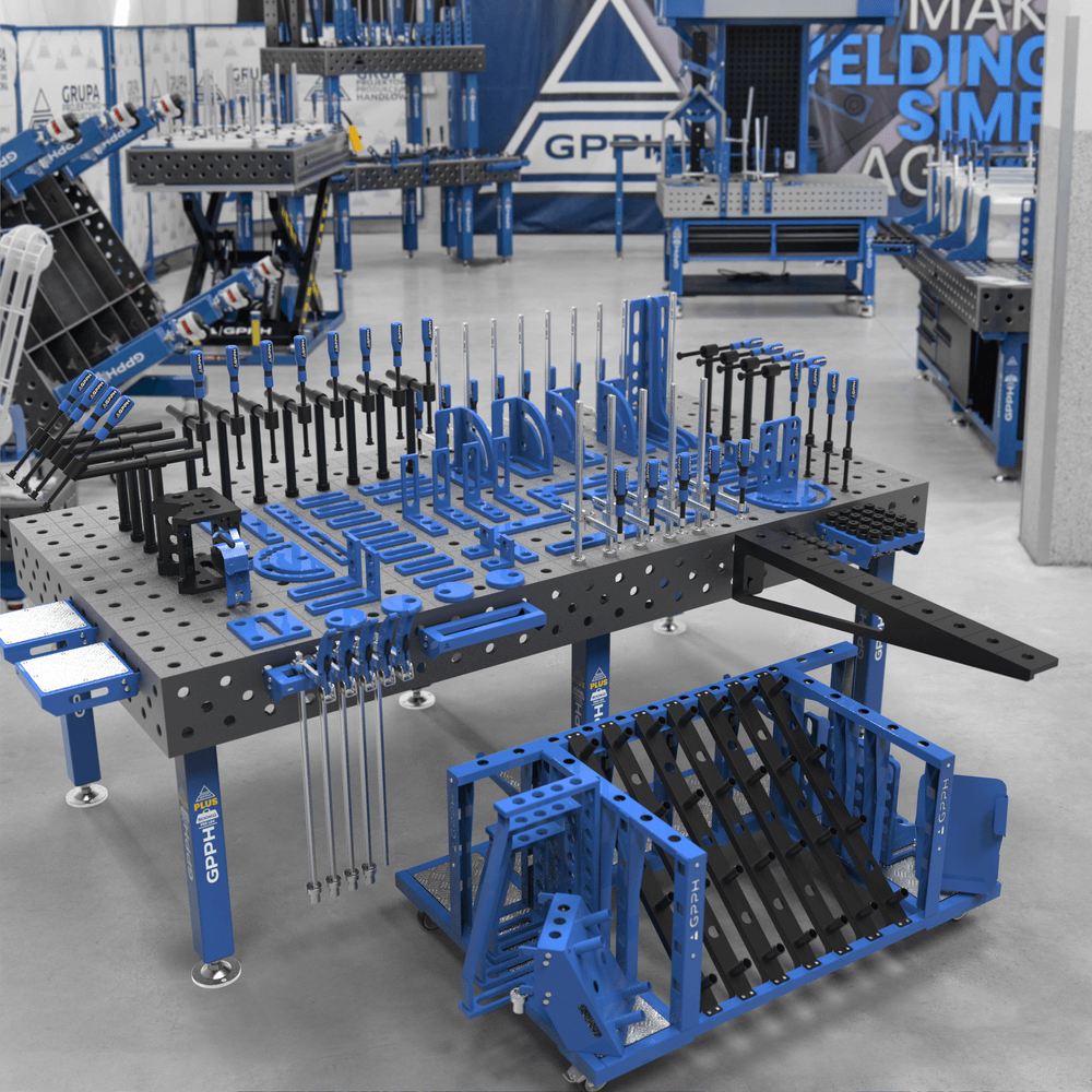 GPPH PLUS welding table φ28 mesh 100x100 2400x1200 mm on legs with XL tool set and tool trolley M