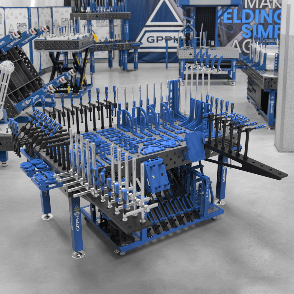 GPPH PLUS welding table φ28 grid 100x100mm 2000x1000 mm on feet with 2XL tool set with tool trolley M