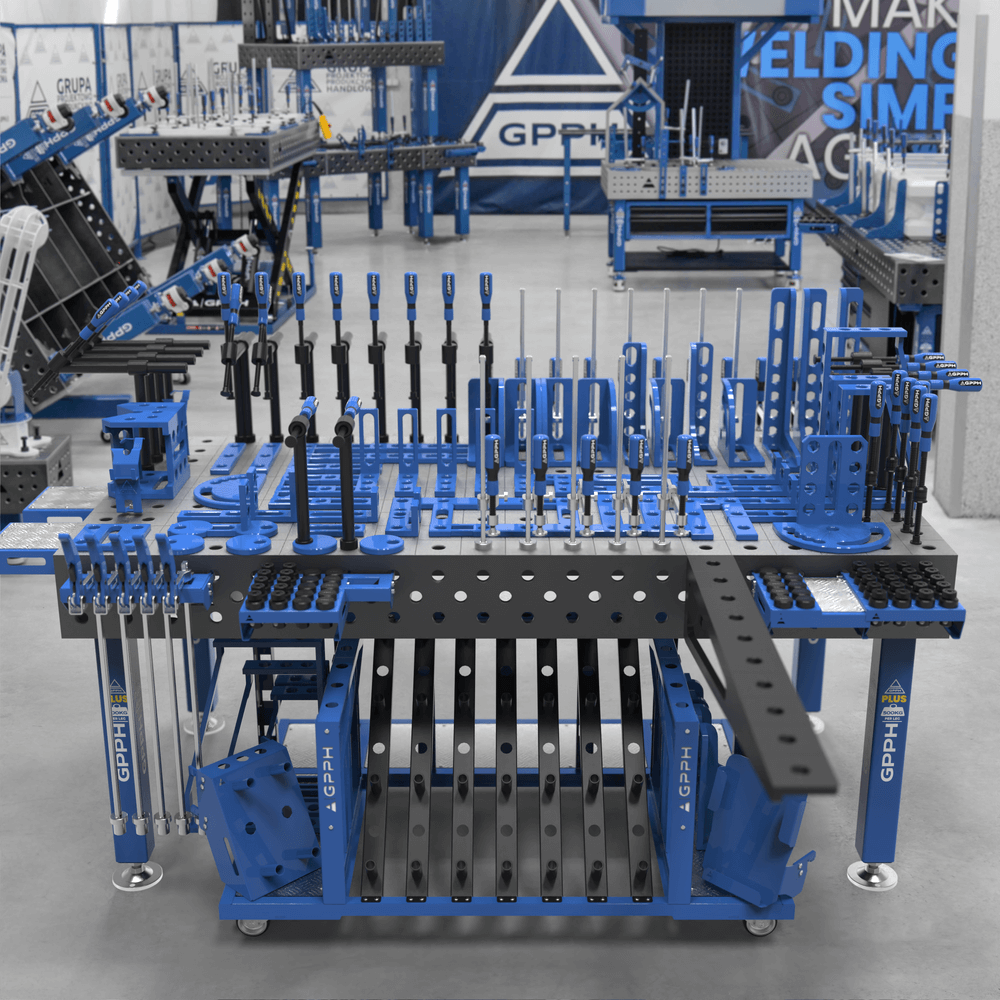 GPPH PLUS welding table φ28 grid 100x100mm 2000x1000 mm on feet with XL tool set with tool trolley M