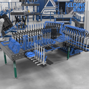 GPPH SMART 12 welding table, φ28, 100x100 mm grid, 2400x1200 mm, on legs, with 3XL tool set + 2x L tool trolley with drawers