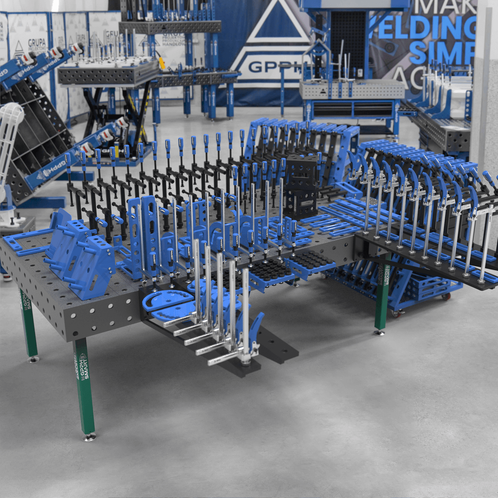 GPPH SMART 12 welding table, φ28, 100x100 mm grid, 2400x1200 mm, on legs, with 3XL tool set + 2x L tool trolley with drawers