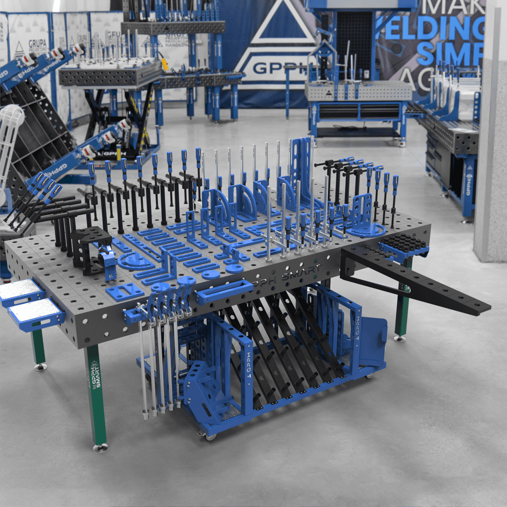 GPPH SMART 12 welding table, φ28, 100x100 mm grid, 2400x1200 mm, on legs, with XL tool set and tool trolley M