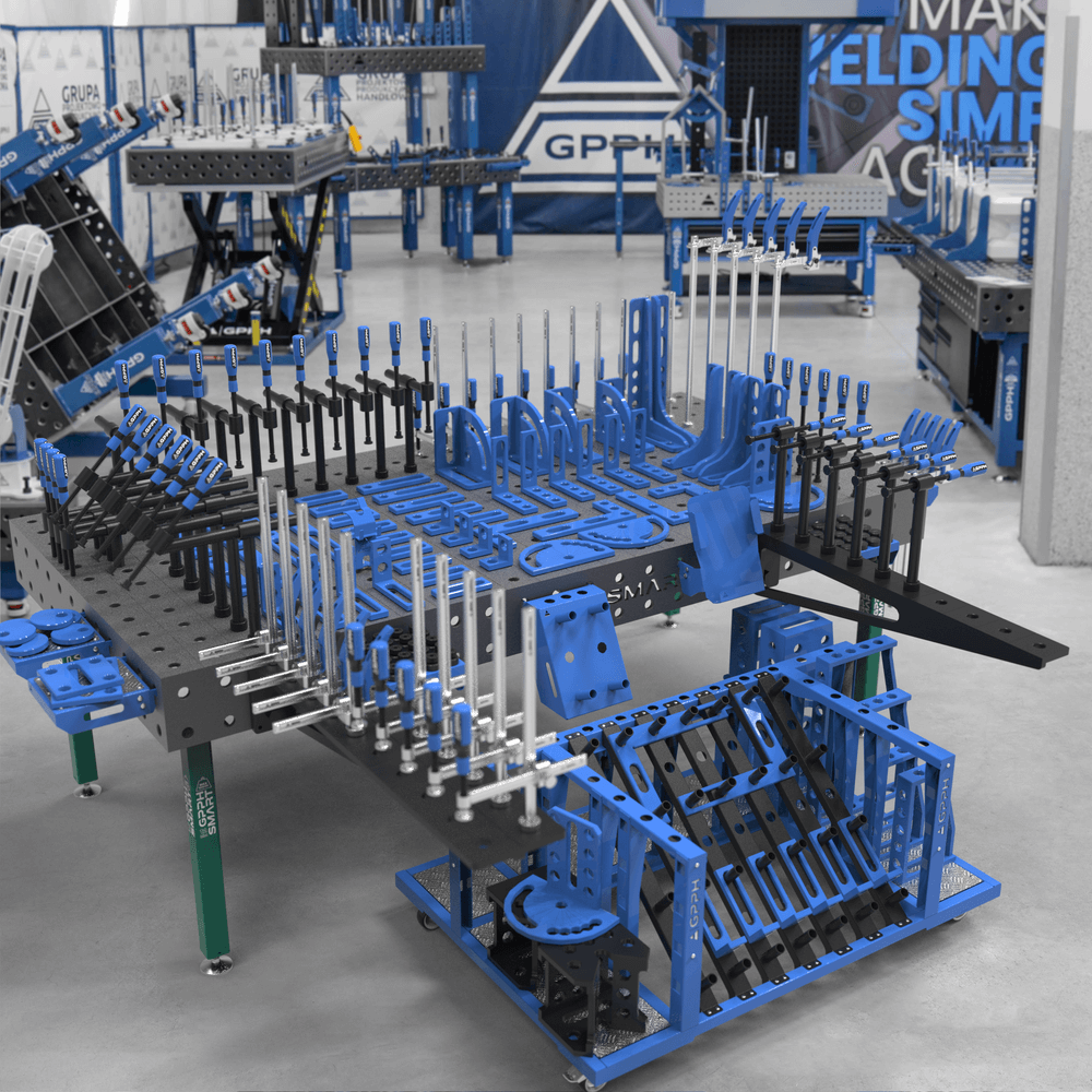 GPPH SMART 12 welding table, φ28, 100x100 mm mesh, 2400x1200 mm, on legs, with 2XL tool set and tool trolley M