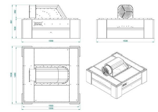 IQ Air Flow Svařovací digestoř s ventilátorem 1500x1480 mm technický výkres