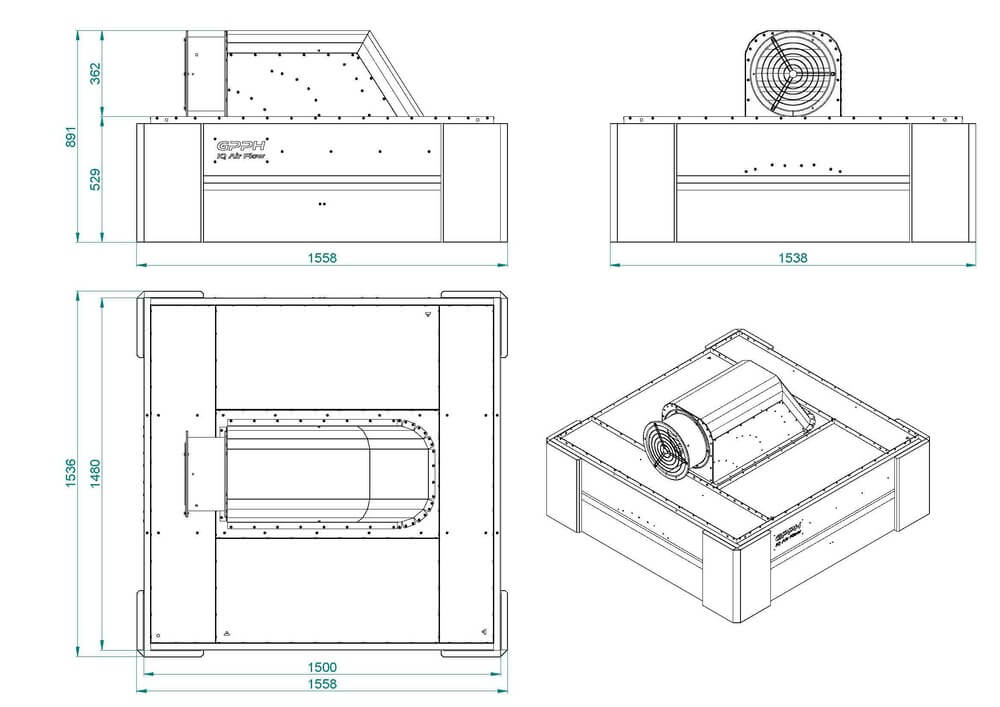 IQ Air Flow Welding hood with fan 1500x1480 mm technical drawing