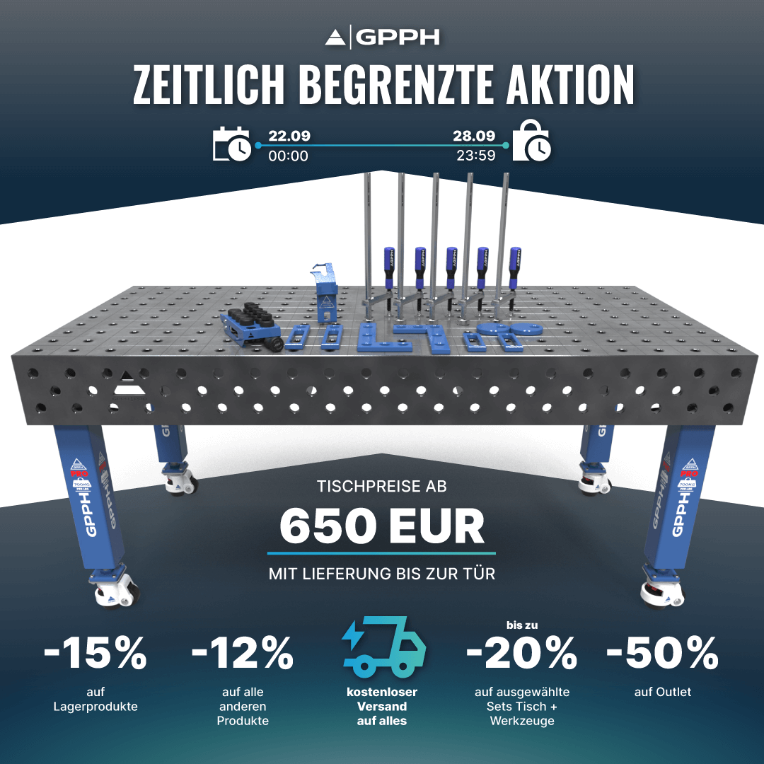 Zeitlich begrenzte Aktion! -15% auf Lagerprodukte, -12% auf alle anderen Produkte, kostenloser Versand auf alles, bis zu -20% auf ausgewählte Tisch + Werkzeug Sets, -50% im Outlet.