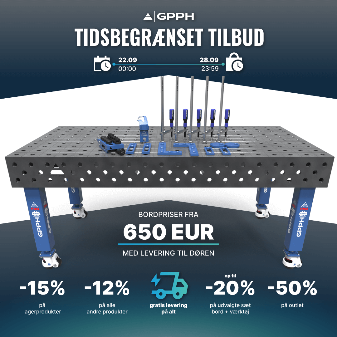 Tidsbegrænset kampagne! -15% på lagerprodukter, -12% på alle andre produkter, gratis levering på alt, op til -20% på udvalgte bord + værktøjssæt, -50% på outlet.