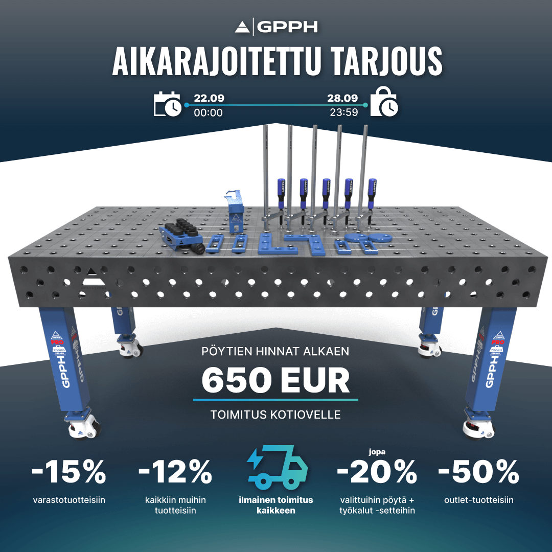 Aikarajoitettu kampanja! -15% varastotuotteista, -12% kaikista muista tuotteista, ilmainen toimitus kaikkeen, jopa -20% valituista pöytä + työkaluseteistä, -50% outletissa.