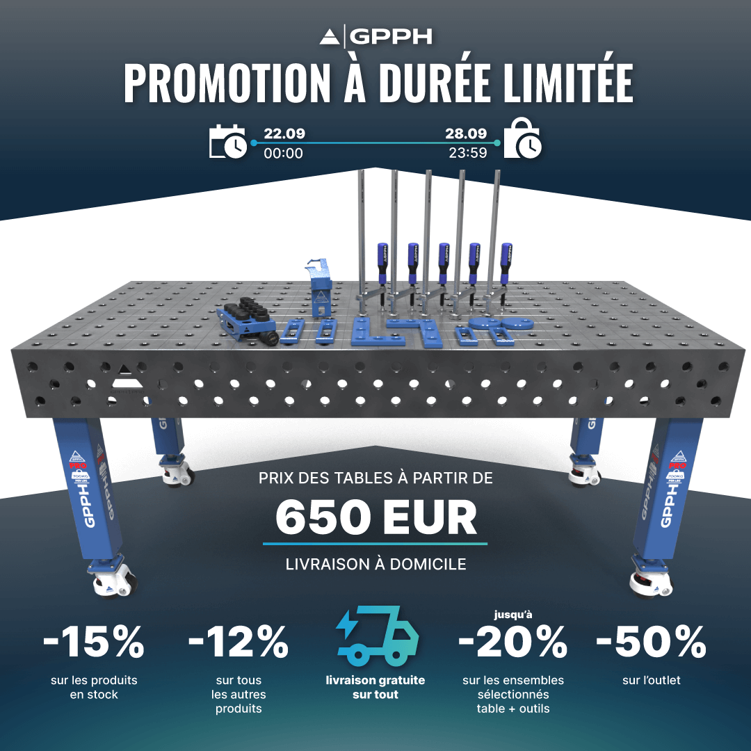 Promotion limitée dans le temps! -15% sur les produits en stock, -12% sur tous les autres produits, livraison gratuite sur tout, jusqu’à -20% sur les ensembles table + outils sélectionnés, -50% sur l’outlet.