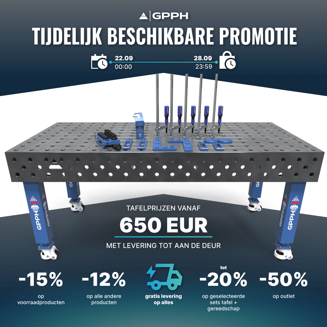 Tijdelijke promotie! -15% op voorraadproducten, -12% op alle andere producten, gratis levering op alles, tot -20% op geselecteerde tafel + gereedschap sets, -50% op outlet.