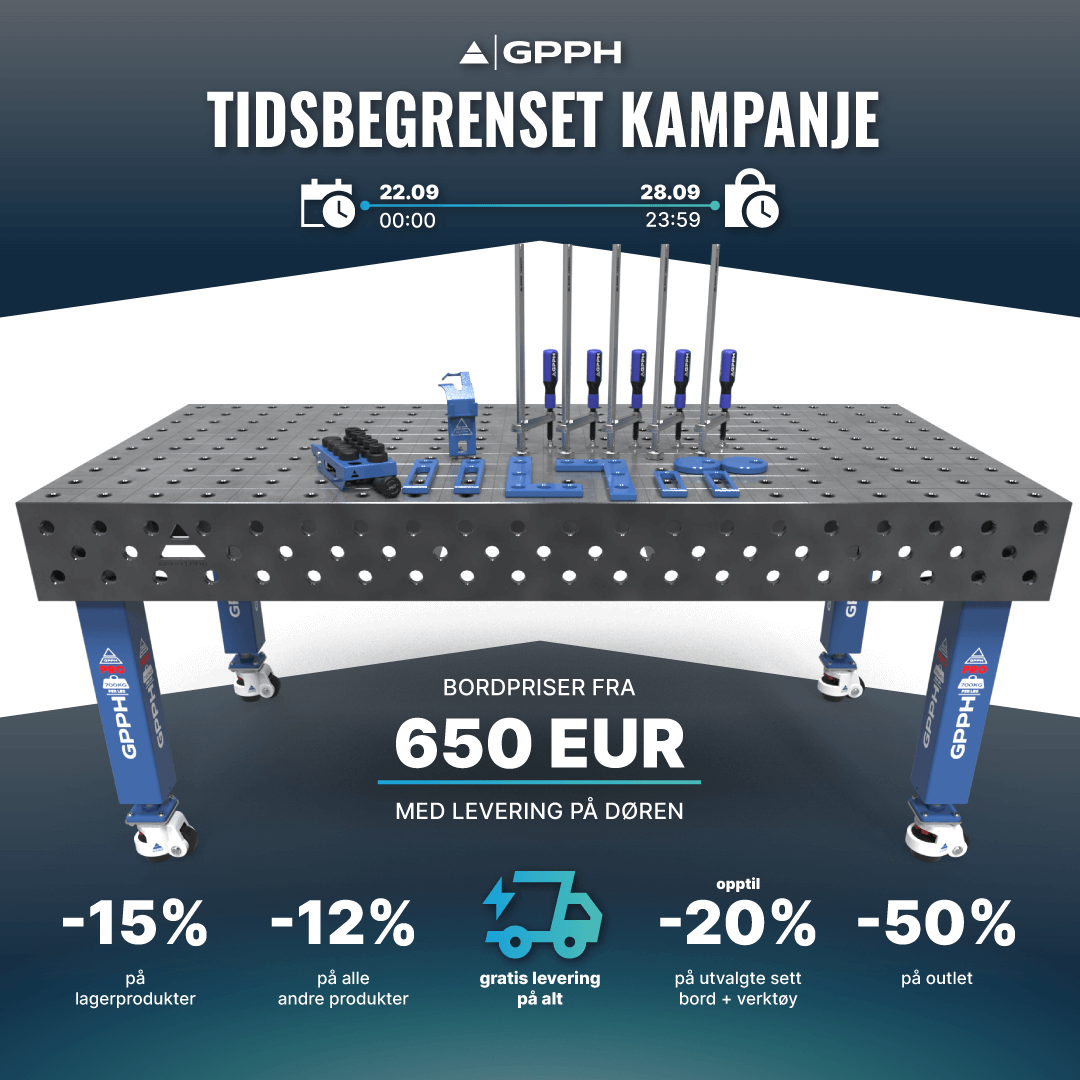 Tidsbegrenset kampanje! -15% på lagerprodukter, -12% på alle andre produkter, gratis frakt på alt, opptil -20% på utvalgte bord + verktøysett, -50% på outlet.