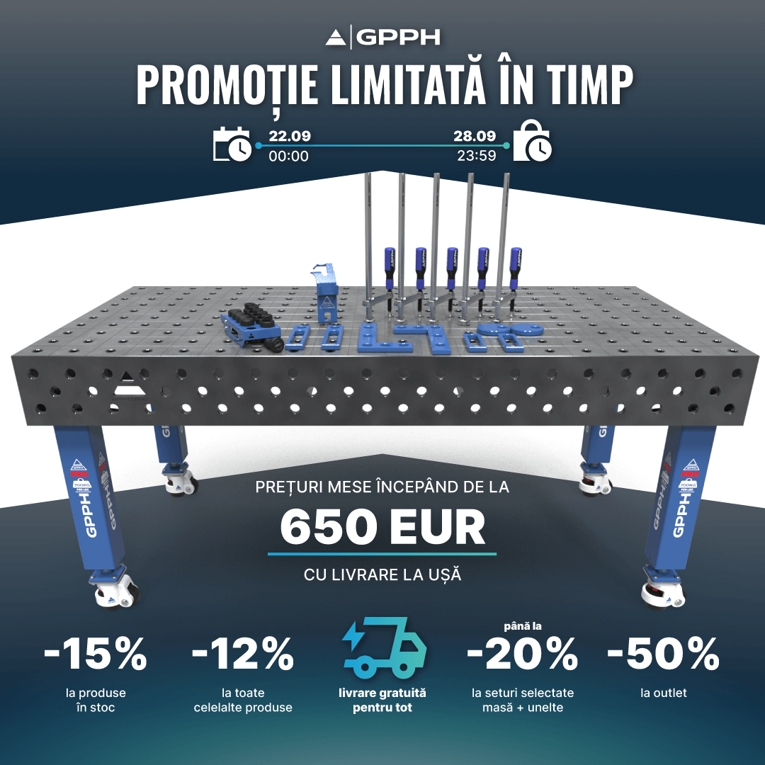 Promoție limitată! -15% la produsele din stoc, -12% la toate celelalte produse, livrare gratuită la tot, până la -20% la seturile selectate masă + unelte, -50% la outlet.