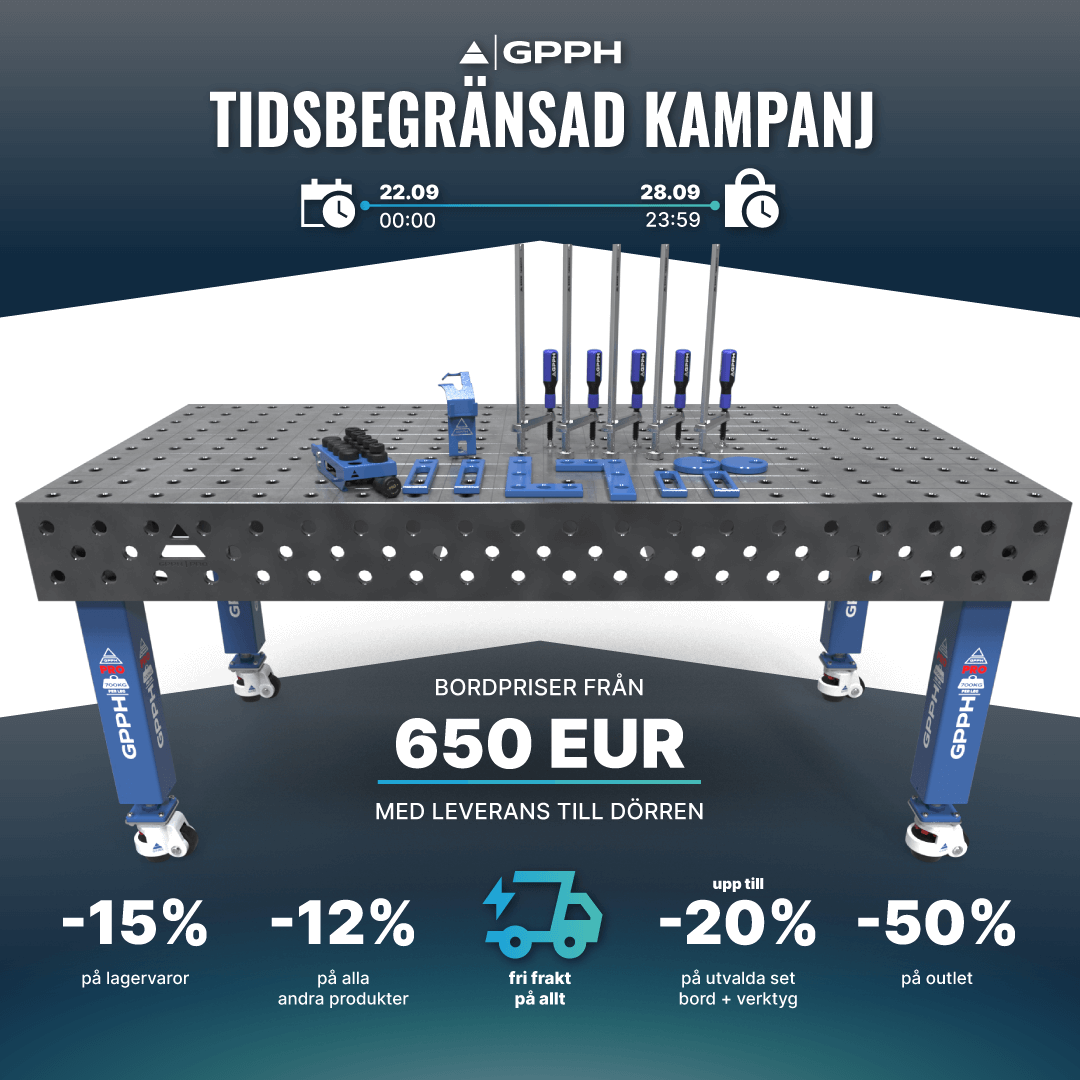 Tidsbegränsad kampanj! -15% på lagerprodukter, -12% på alla andra produkter, fri frakt på allt, upp till -20% på utvalda bord + verktygspaket, -50% på outlet.