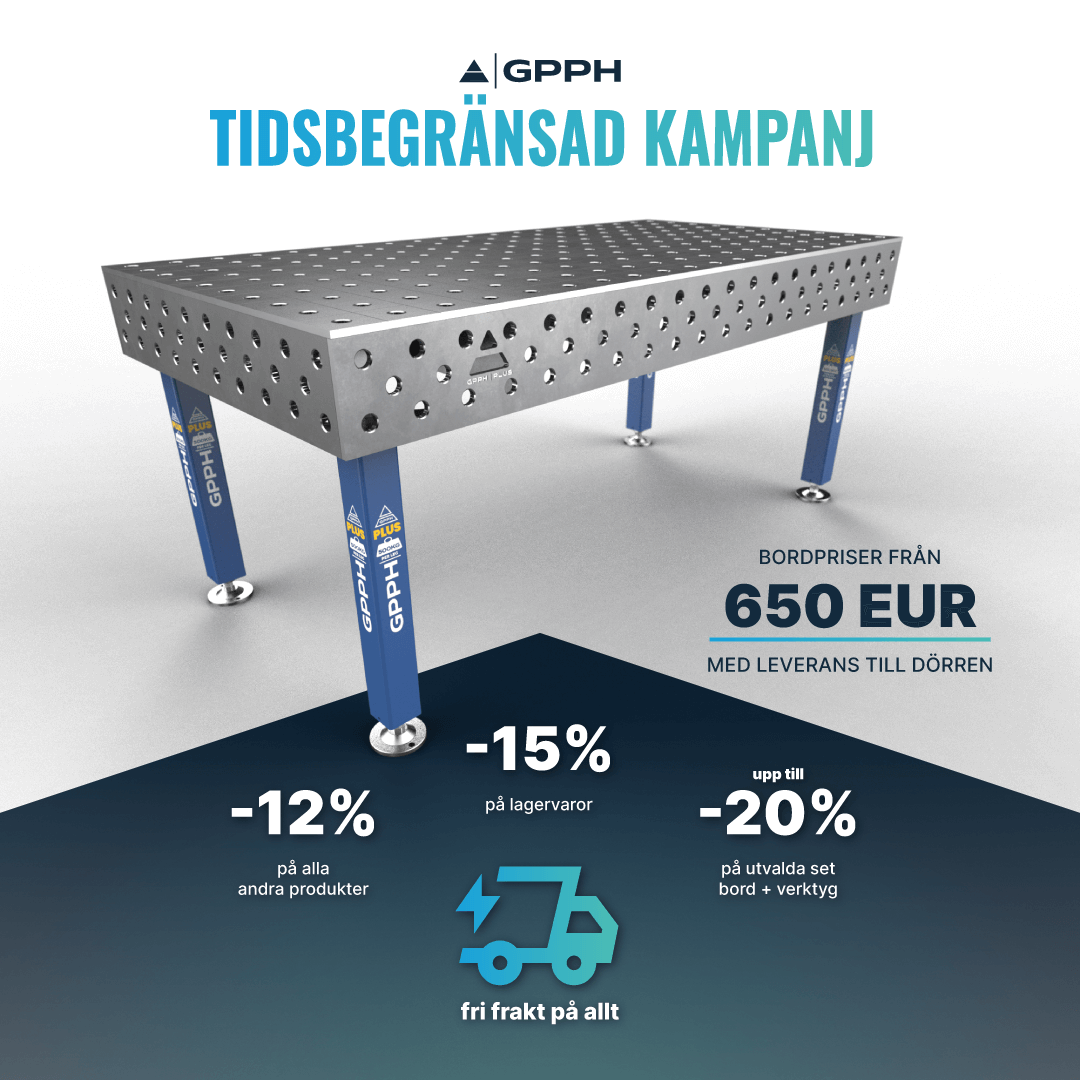 Tidsbegränsad kampanj – 12 % rabatt på alla produkter | 15 % på lagervaror | upp till 20 % på utvalda bord + verktygssatser