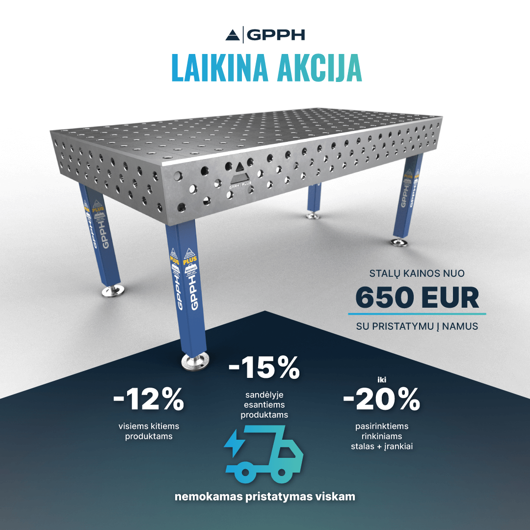 Laikina akcija – 12 % nuolaida visiems produktams | 15 % sandėlio prekėms | iki 20 % pasirinktų stalas + įrankių rinkinių