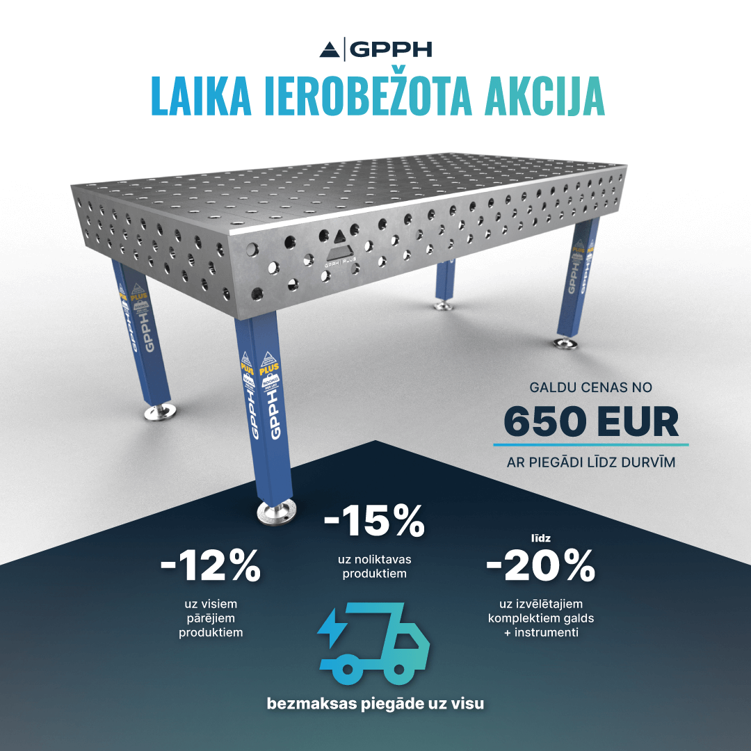 Laika ierobežota akcija – 12 % atlaide visiem produktiem | 15 % noliktavas precēm | līdz 20 % atlasītiem galda + instrumentu komplektiem