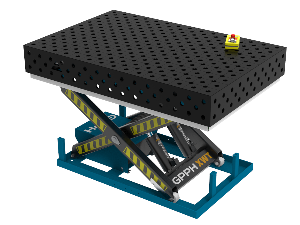 PRO 1500x1000 mm hegesztőasztal hidraulikus emelőrendszerrel, 28-as rendszer, átlós háló
