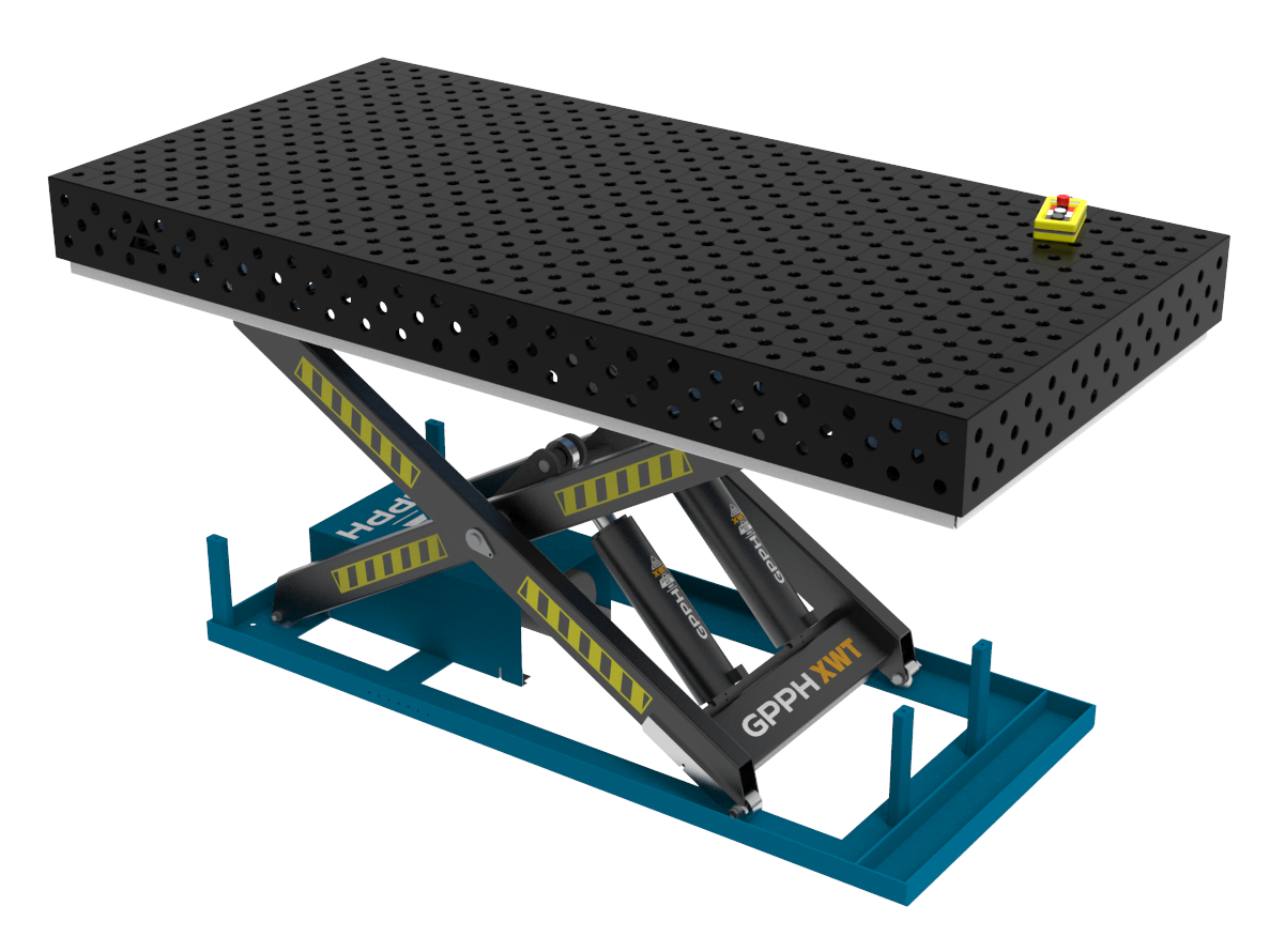 Table de soudage PLUS 2400x1200 mm avec système de levage hydraulique, système 28, grille diagonale