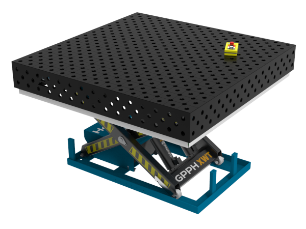 PLUS 1500x1480 mm-es hegesztőasztal hidraulikus emelőrendszerrel, 28-as rendszer, átlós háló