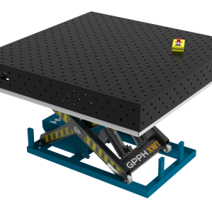 PLUS 1500x1480 mm-es hegesztőasztal hidraulikus emelőrendszerrel, 16-os rendszer, átlós háló