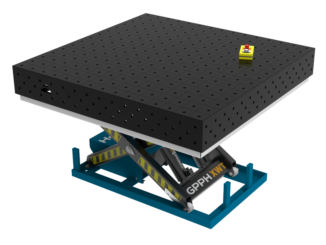 Schweißtisch ECO 1500x1480 mm mit hydraulischem Hebesystem, System 28, Gitter 50x50 mm