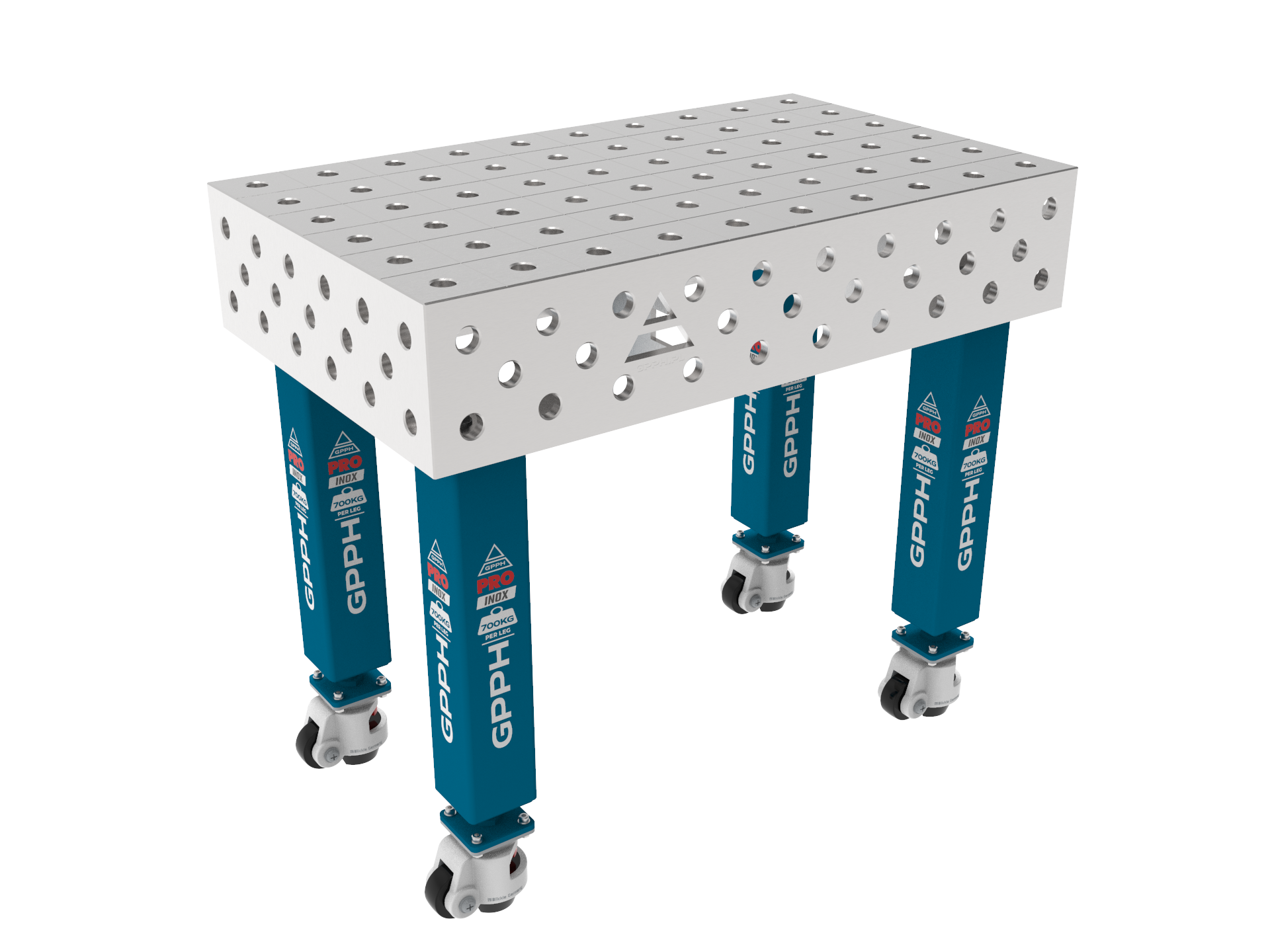 Mesa de soldadura PRO INOX Tamaño: 1000 x 600 mm, rejilla: 100 x 100 mm, sistema: Φ28, patas: con ruedas.