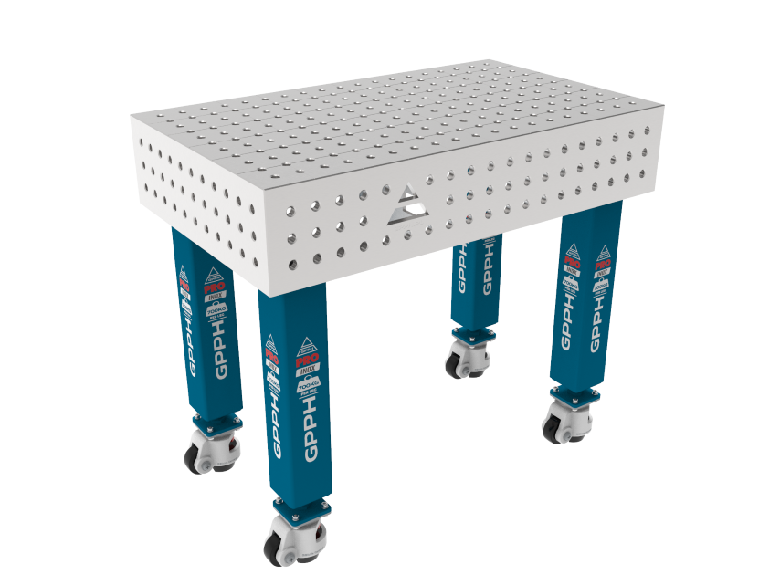 Mesa de soldadura PRO INOX Tamaño: 1000 x 600 mm, rejilla: 50 x 50 mm, sistema: Φ16, patas: con ruedas