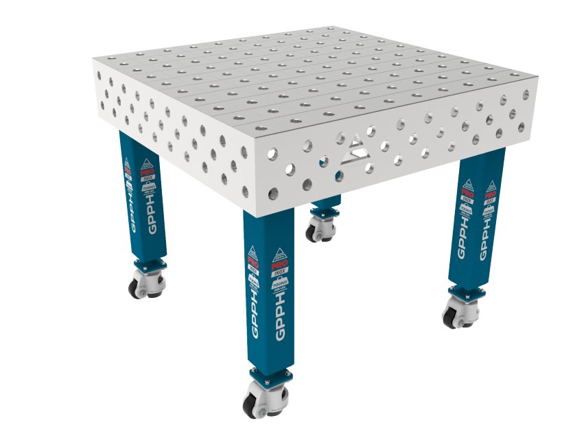 Table de soudage PRO INOX 1000 x 1000 mm Grille - 100x100mm, Système - Φ28, Pieds - Sur roulettes, Plateau - Plateau PRO INOX