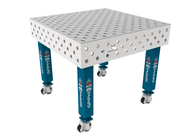 Svařovací stůl PRO INOX 1000 x 1000 mm Mřížka – diagonální, Systém – Φ28, Nohy – Na kolečkách, Deska – Deska PRO INOX