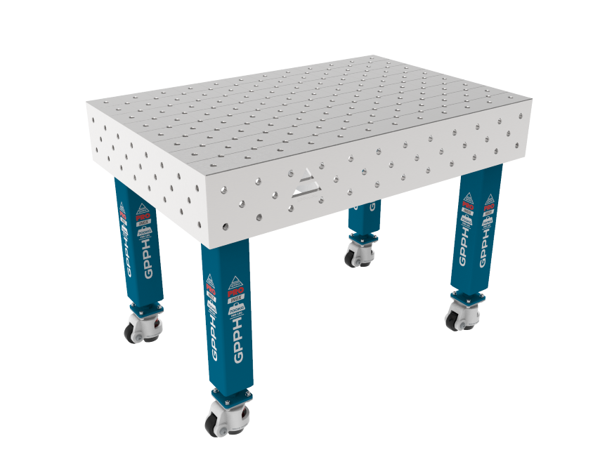Zavarivački stol PRO INOX 1200 x 800 mm Dijagonalna mreža, Sustav – Φ16, Noge – Na kotačima, Ploča – Ploča PRO INOX