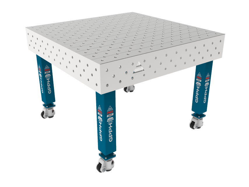 Hegesztőasztal PRO INOX 1200 x 1200 mm Háló - átlós, Rendszer - Φ16, Lábak - Kerekeken, Asztallap - PRO INOX asztallap