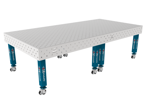 Masă de sudură PRO INOX 3000 x 1480 mm Plasă - diagonală, Sistem - Φ16, Picioare - Pe roți, Blat - Blat PRO INOX