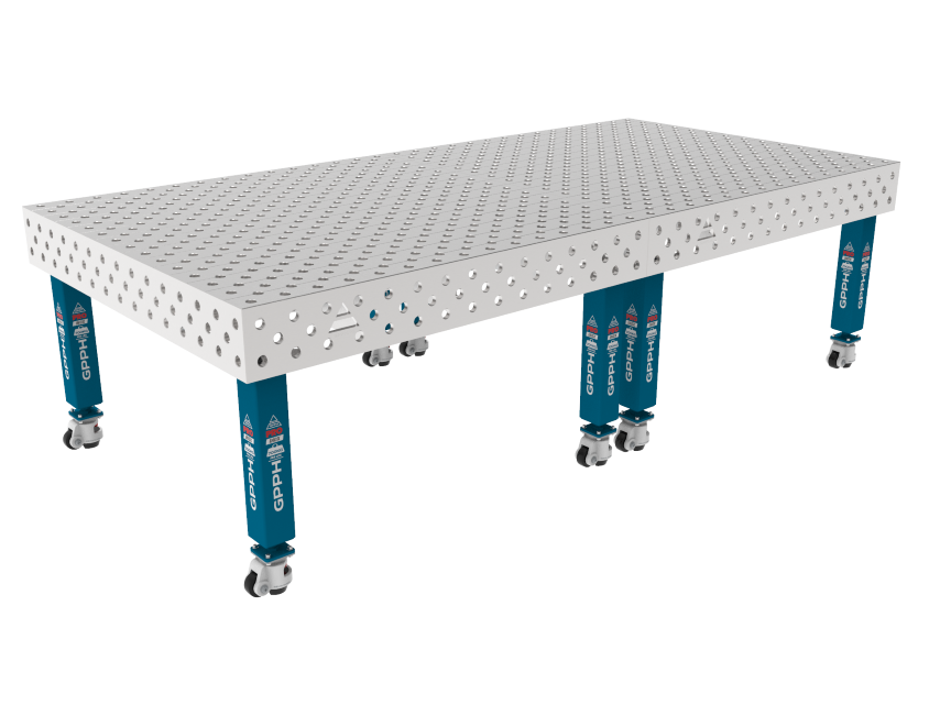 Hegesztőasztal PRO INOX 3000 x 1480 mm Háló - átlós, Rendszer - Φ28, Lábak - Kerekeken, Asztallap - PRO INOX asztallap