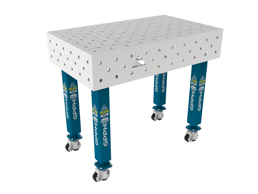 Mesa de soldadura PLUS INOX 1000 x 600 mm Malla - diagonal, Sistema - Φ16, Patas - Con ruedas, Tablero - Tablero PLUS INOX