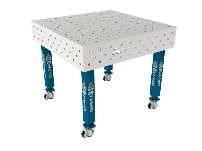 Schweißtisch PLUS INOX 1000 x 1000 mm Gitter - diagonal, System - Φ16, Beine - Auf Rollen, Tischplatte - Tischplatte PLUS INOX