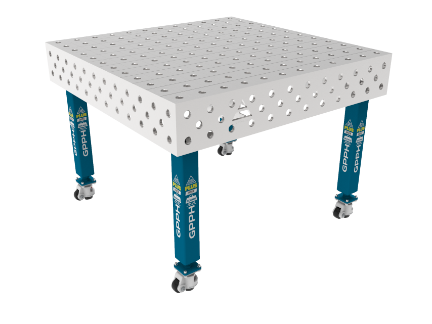 Table de soudage PLUS INOX 1200 x 1200 mm Grille - 100x100mm, Système - Φ28, Pieds - Sur roulettes, Plateau - Plateau PLUS INOX