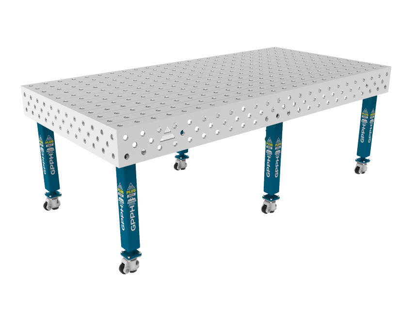 Svařovací stůl PLUS INOX 2400 x 1200 mm Síťovina - 100x100mm, Systém - Φ28, Nohy - Na kolečkách, Deska - Deska PLUS INOX
