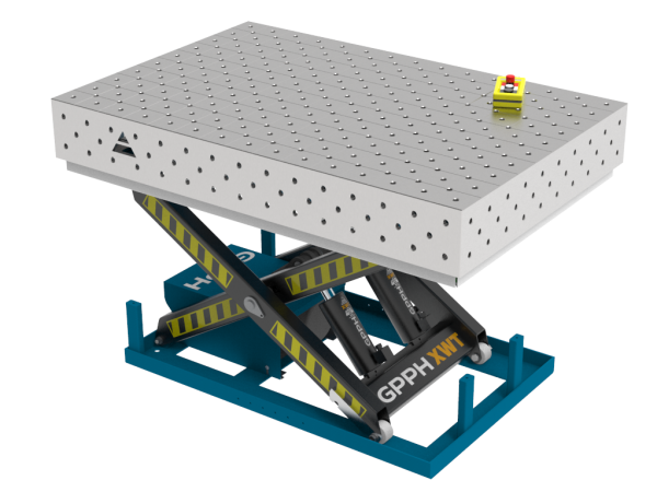 Table de soudage PRO INOX 1500x1000 mm avec système de levage hydraulique, système 16, grille diagonale