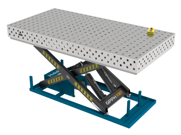 Table de soudage PRO INOX 2400x1200 mm avec système de levage hydraulique, système 28, grille 100x100mm