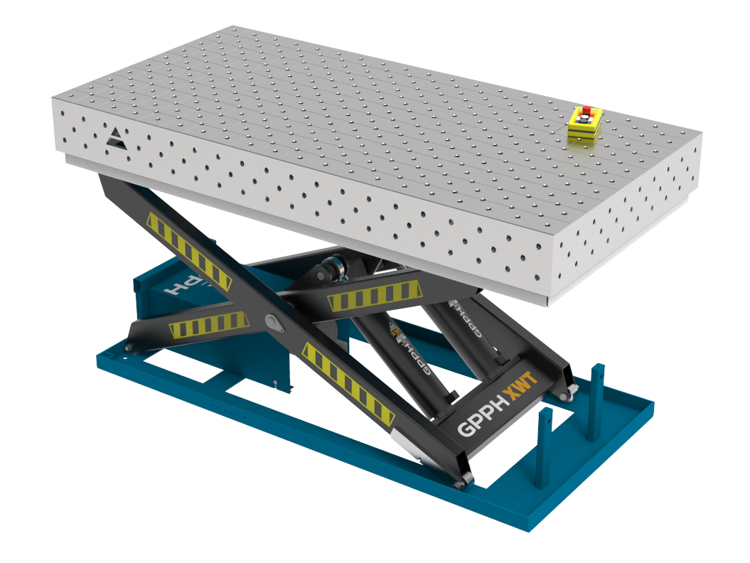 Mesa de soldadura PRO INOX 2000x1000 mm con sistema de elevación hidráulico, sistema 16, rejilla diagonal