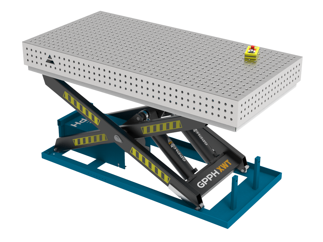 Mesa de soldadura PRO INOX 2000x1000 mm con sistema de elevación hidráulico, sistema 16, rejilla 50x50 mm