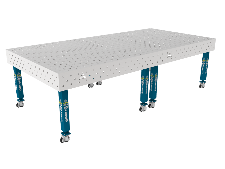 Schweißtisch PLUS INOX 3000 x 1480 mm Gitter - diagonal, System - Φ16, Beine - Auf Rollen, Tischplatte - Tischplatte PLUS INOX